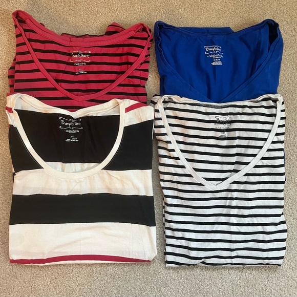 Motherhood Maternity Tops - Maternity Bundle of 4 Striped & Solid V-Neck Tops - Blue, Pink, Black & White